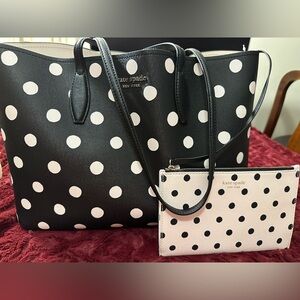 Like New Kate Spade Black and White Polka Dot Tote with Attached Pouch